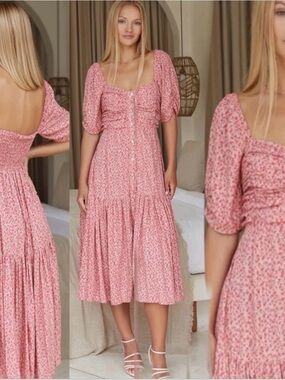 Elf Pink Floral Midi Dress with Puff Sleeves size Large.